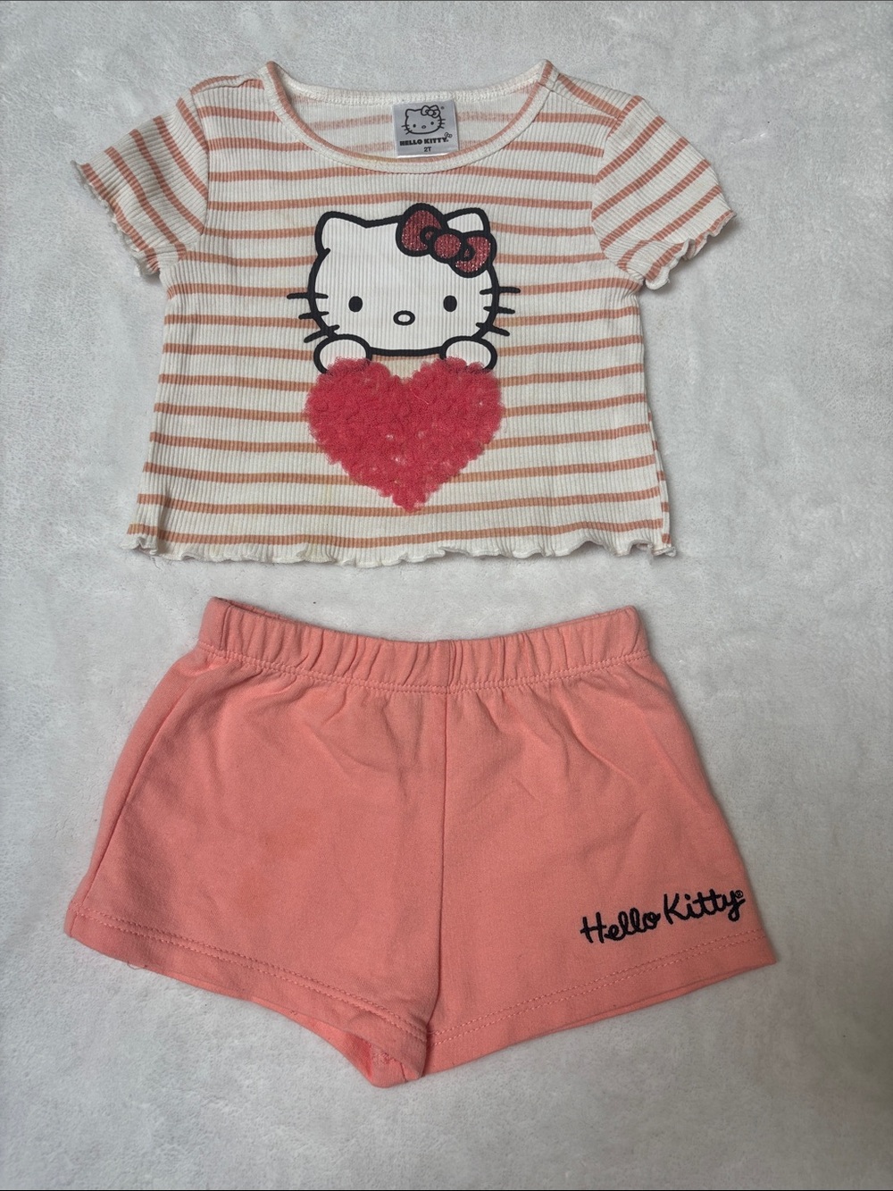 Hello Kitty Coral & Cream Striped Top with Heart and Coral Shorts